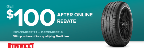 Pirelli 4 Tire $100 Prepaid MasterCard Mail In Rebate, 11/21/2024 through 12/04/2024 rebate